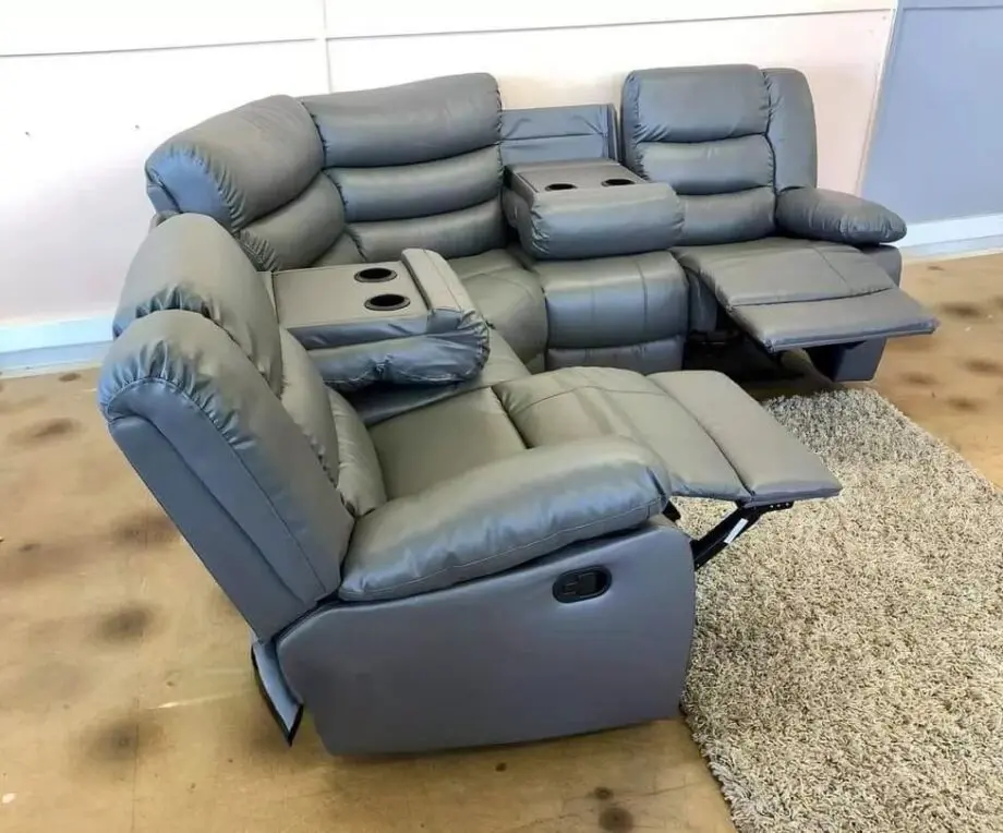 Grey Leather | Corner Recliner Sofa With Cupholders | FREE DELIVERY
