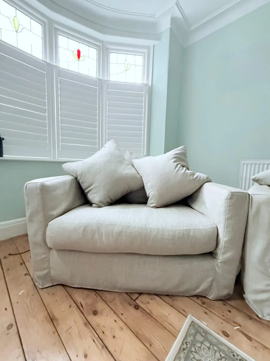M&S 2 Seater/Loveseat Beige Loose Cover Feather Sofa