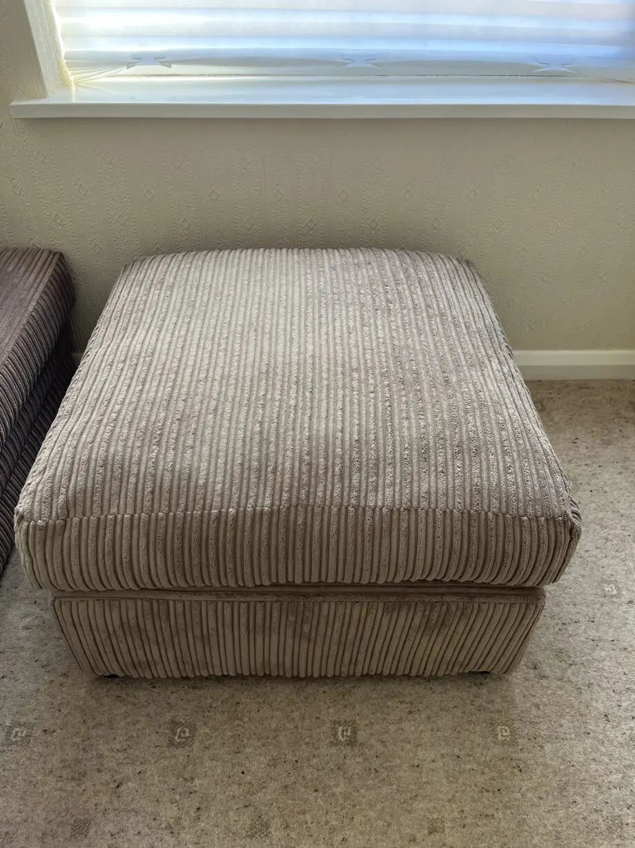 Jumbo cord brown corner sofa, 2 seater and pouffe