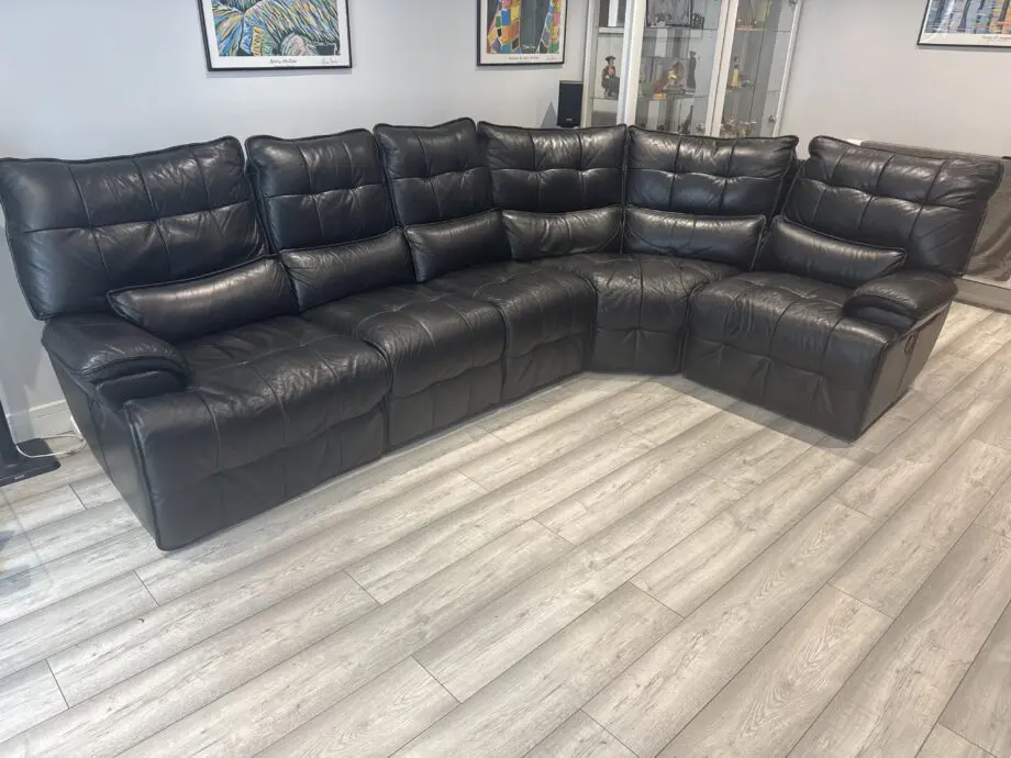 Sofology westwood black leather corner sofa with 2x power recliner and 2x USB