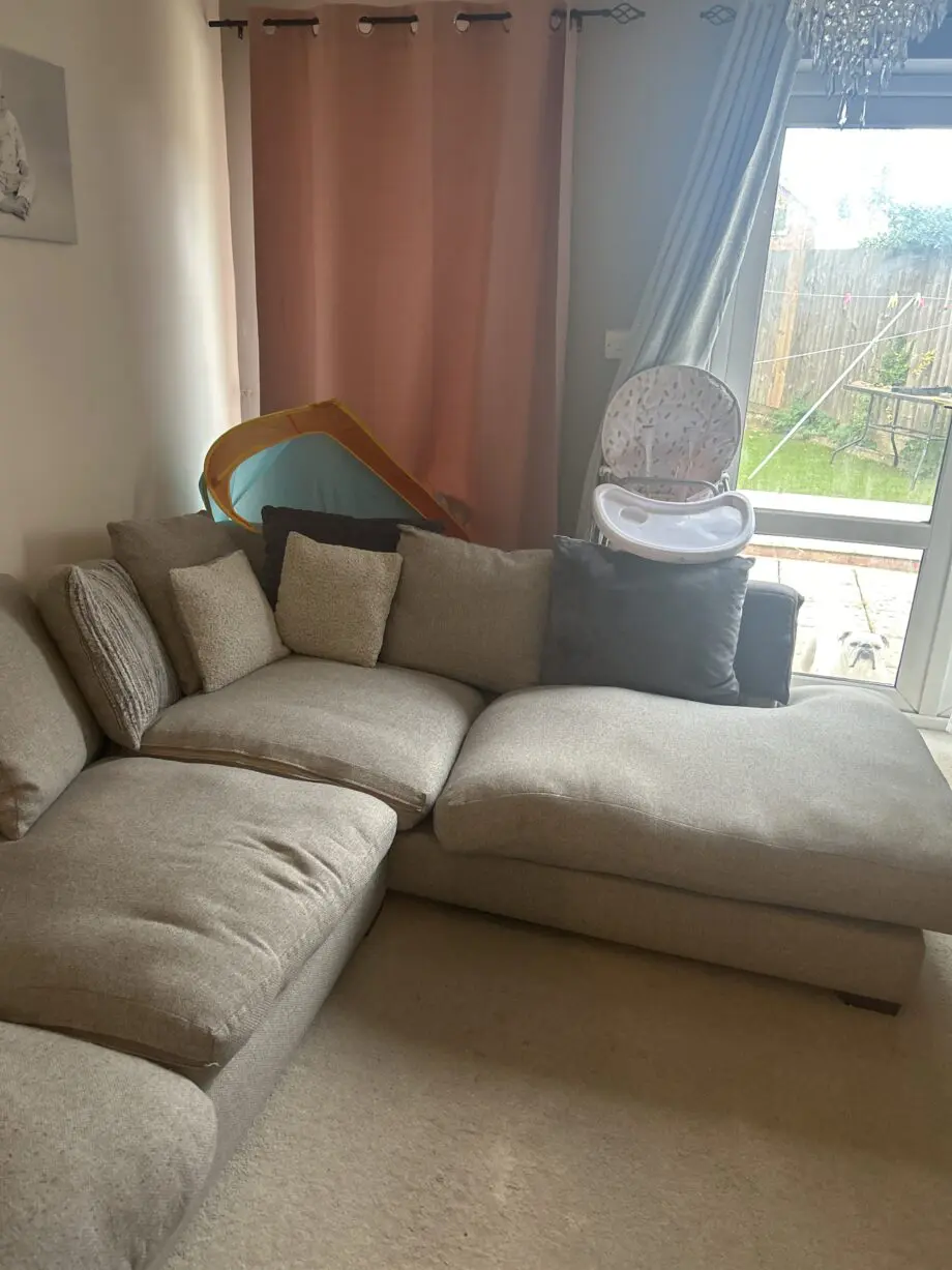 Dfs grey corner sofa, footstall and spinny chair