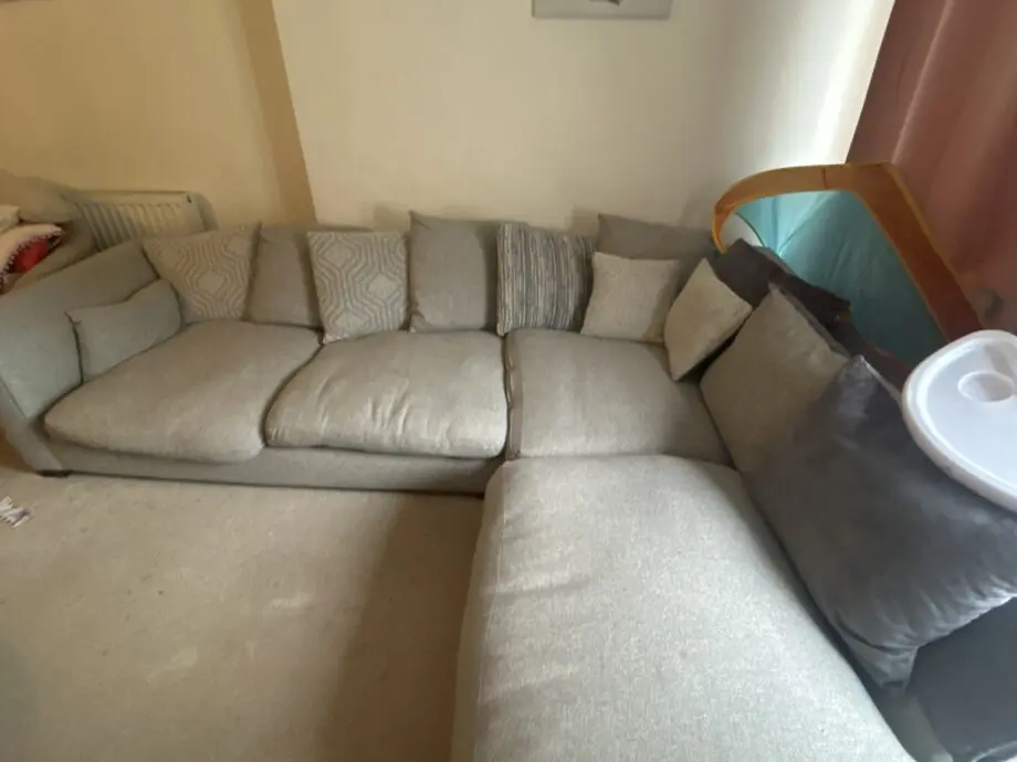 Dfs grey corner sofa, footstall and spinny chair