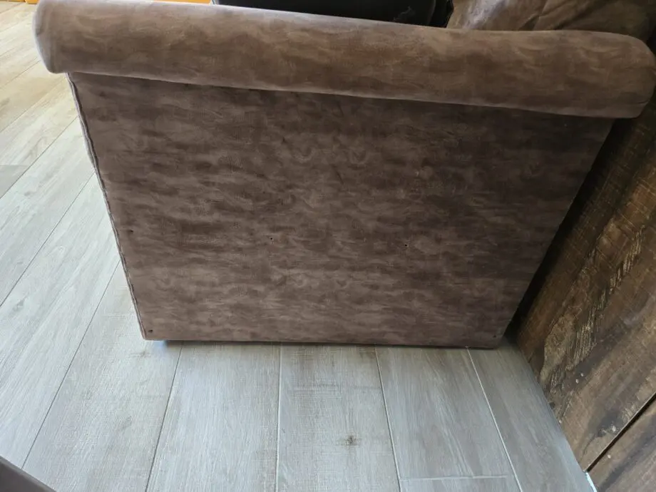 3-Seater Sofa, Beige Colour. Few scuff marks and nail-heads visible on the sides, due to extra reinforcement done.