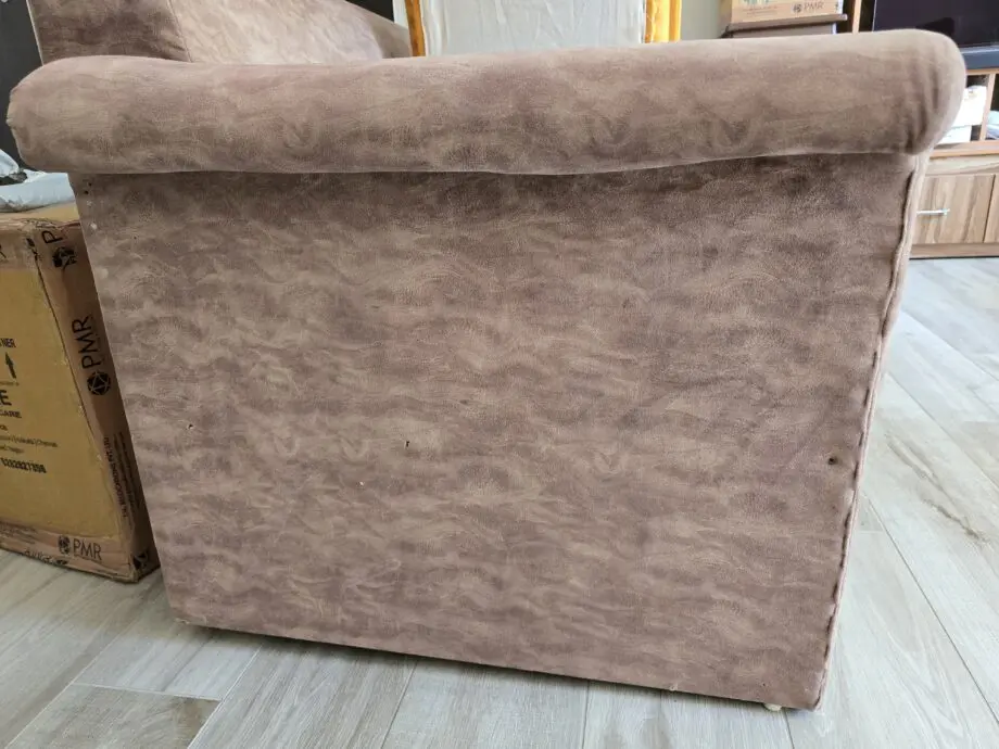 3-Seater Sofa, Beige Colour. Few scuff marks and nail-heads visible on the sides, due to extra reinforcement done.