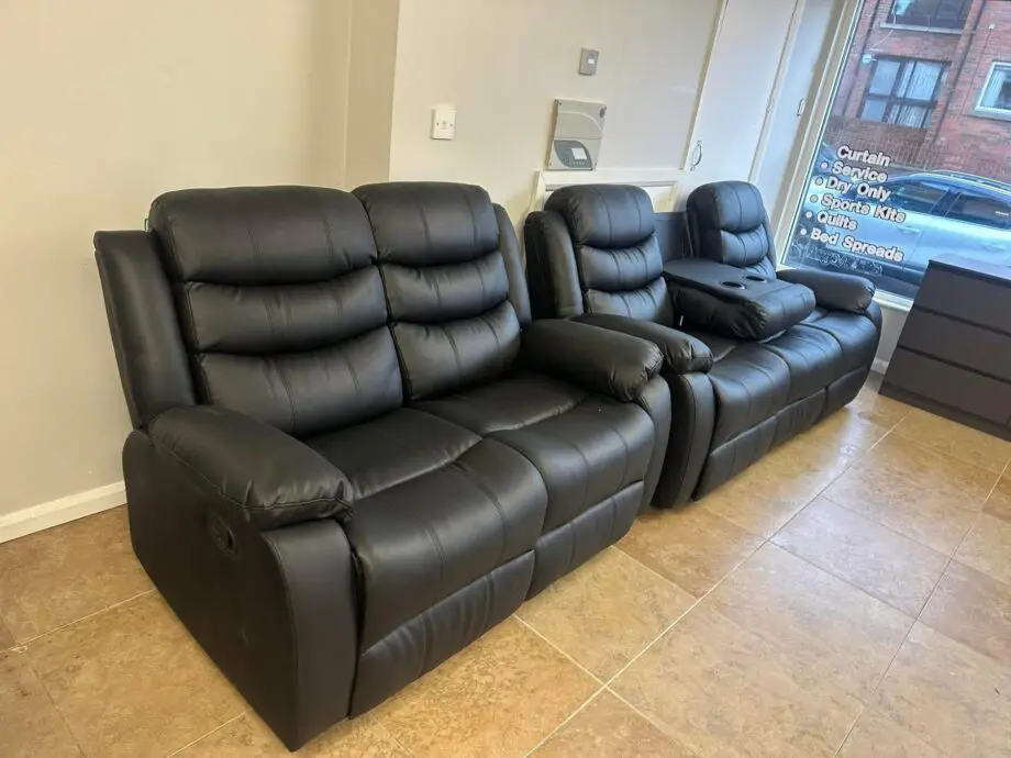 Recliner Sofa 3+2 Seater Set Grey in Leather with Cupholders