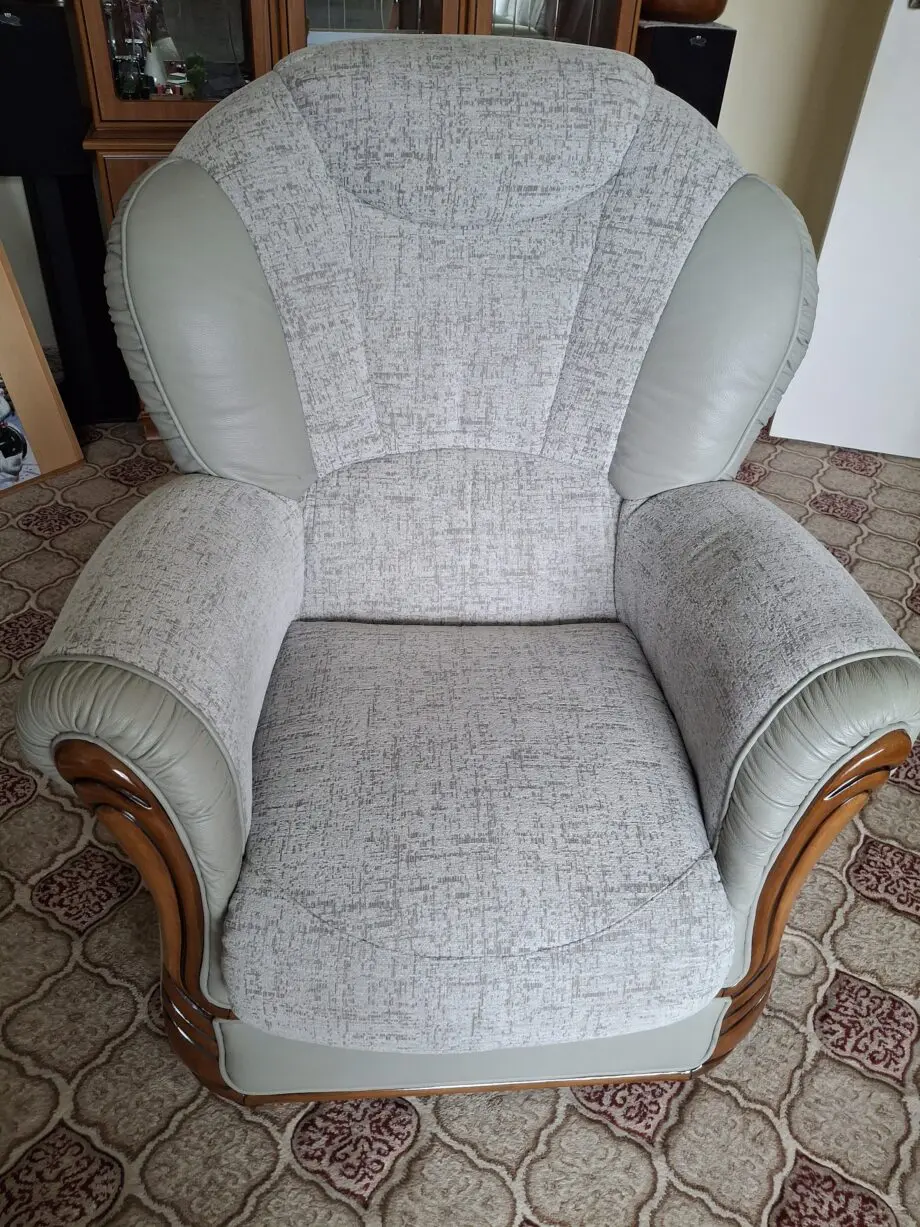 Grey, fabric and Italian leather, three seater settee and chair