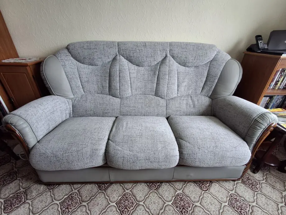 Grey, fabric and Italian leather, three seater settee and chair