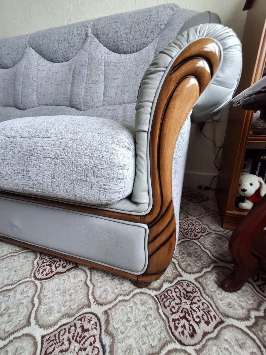 Grey, fabric and Italian leather, three seater settee and chair