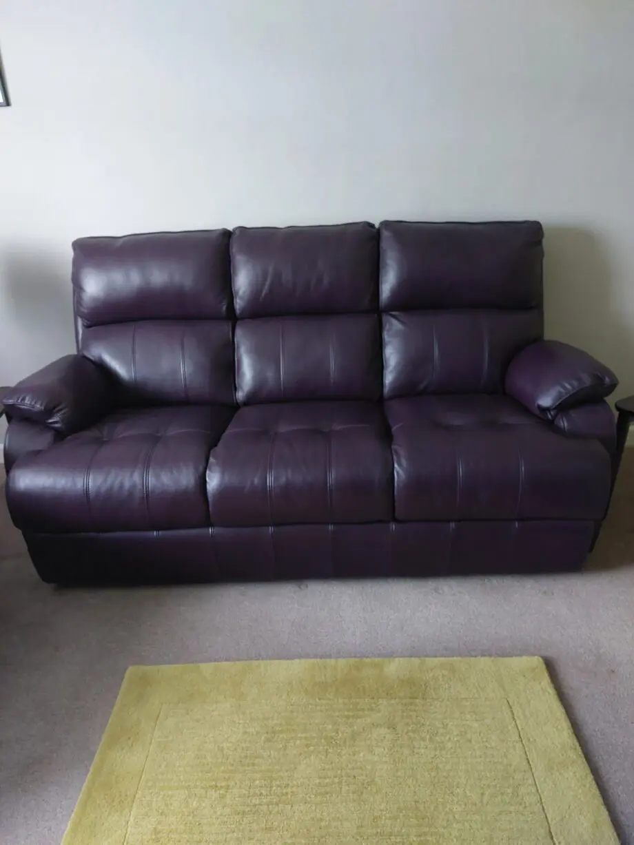 Sofology, leather three piece suite, in Aubergine.