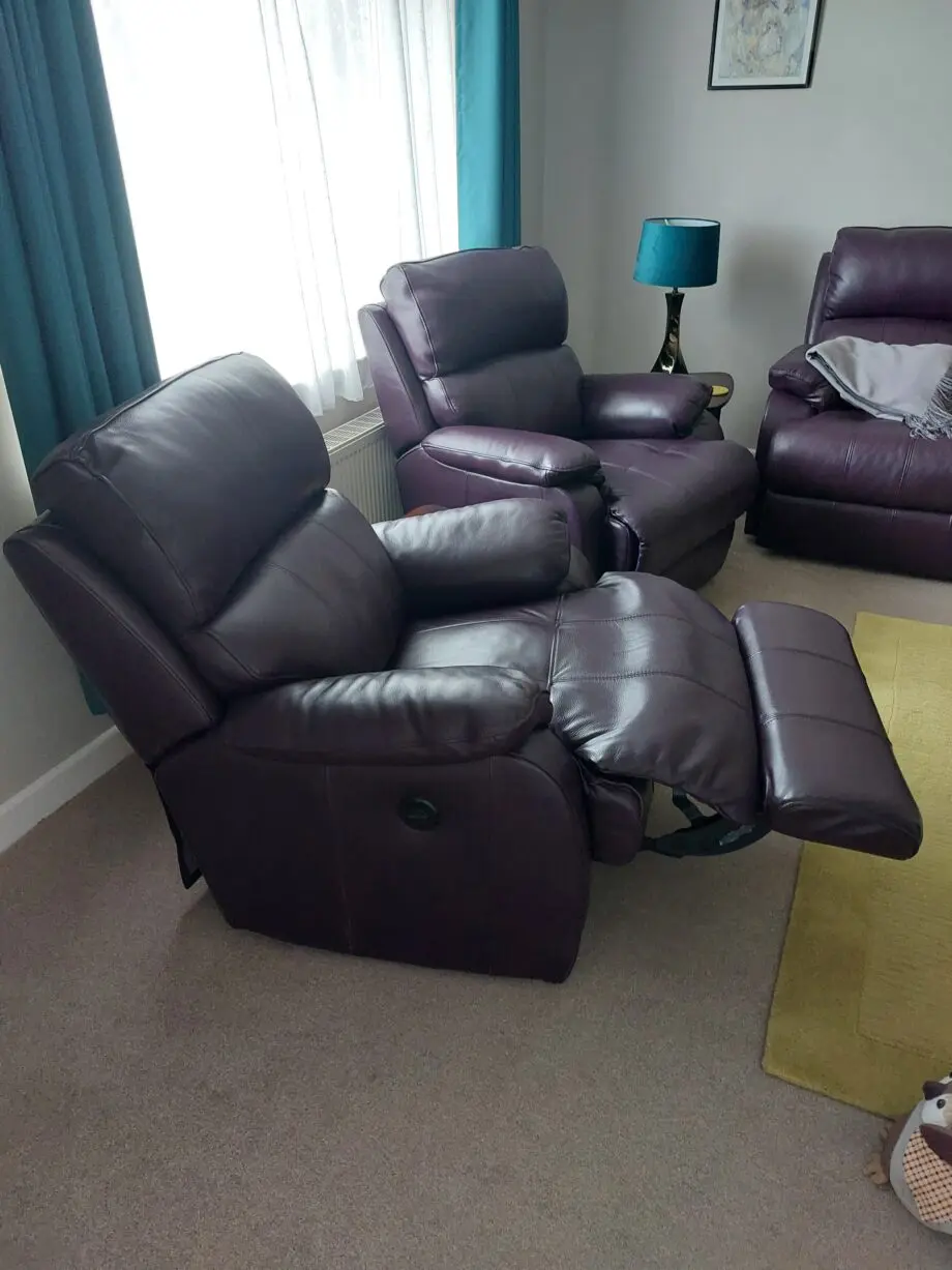 Sofology, leather three piece suite, in Aubergine.