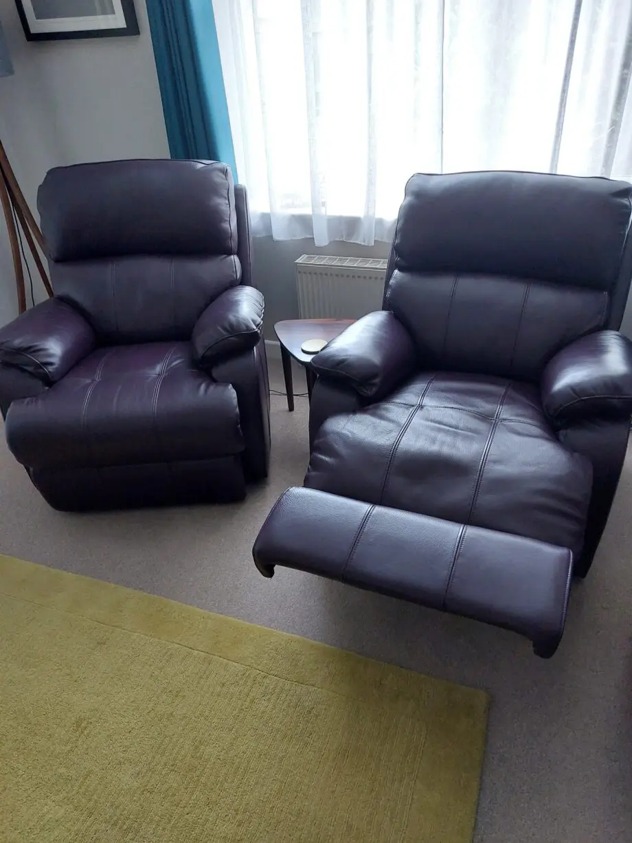 Sofology, leather three piece suite, in Aubergine.