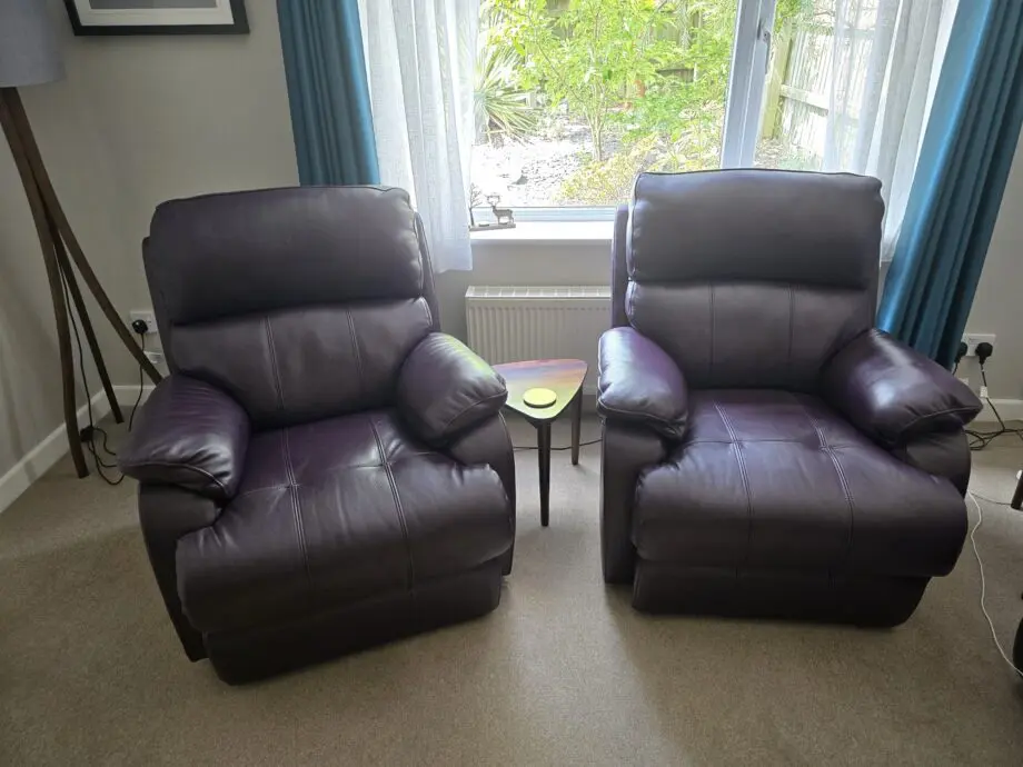 Sofology, leather three piece suite, in Aubergine.