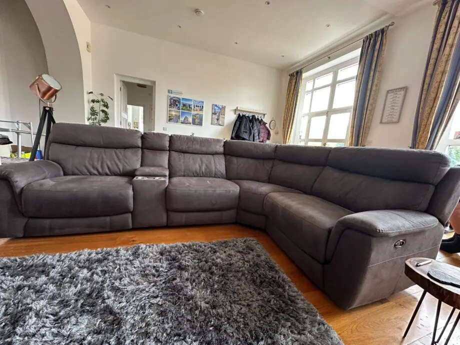 DFS Corner Sofa Ronan with End Electrical Recliners - Natural Leather - Storage