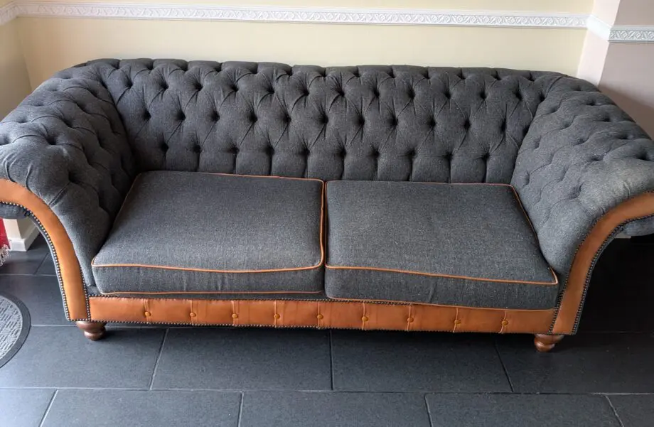 Oswald and Pablo grey herringbone Chesterfield 3 seater sofa