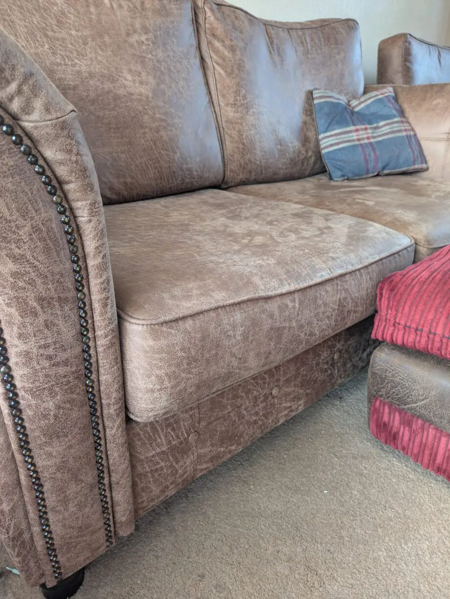 Faux leather sofa, armchair and pouffe