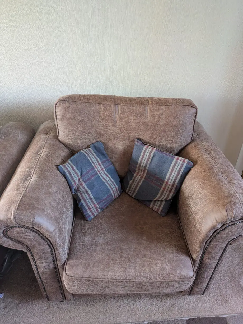 Faux leather sofa, armchair and pouffe
