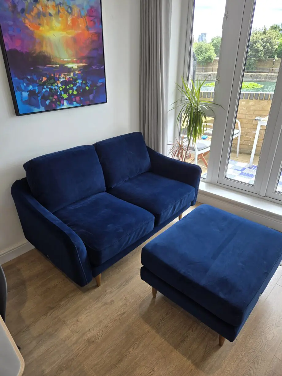 Snug Rebel 2 Seater Sofa Set Deep Blue Velvet. 2x Sofas With 1x Ottoman.