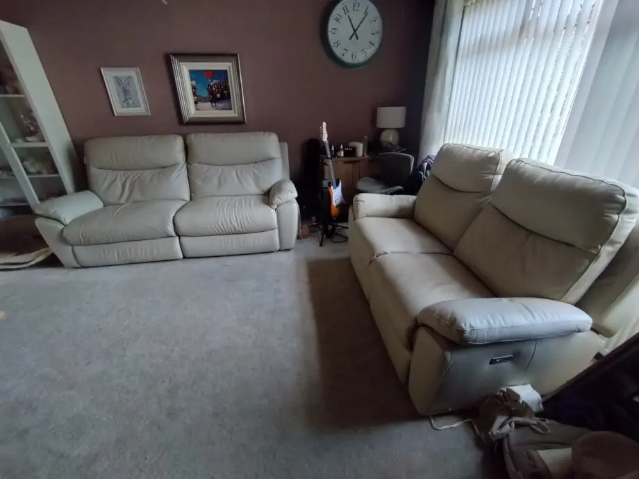 SCS 2 and 3 seater power recliner sofas in Borghi Moon white leather