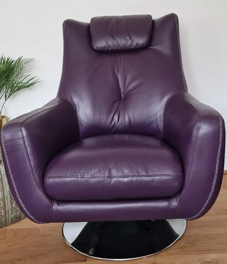 Deep purple, Aubergine, power recliner with two swivel chairs. Furniture Village Italian, genuine leather.
