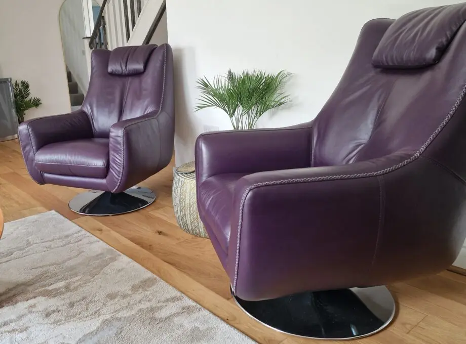Deep purple, Aubergine, power recliner with two swivel chairs. Furniture Village Italian, genuine leather.