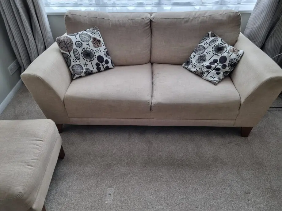 Harvey's sofa set - Beige 2 seater with cushions, beige large single seater and a beige footstool