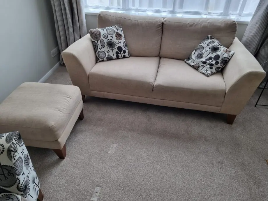 Harvey's sofa set - Beige 2 seater with cushions, beige large single seater and a beige footstool