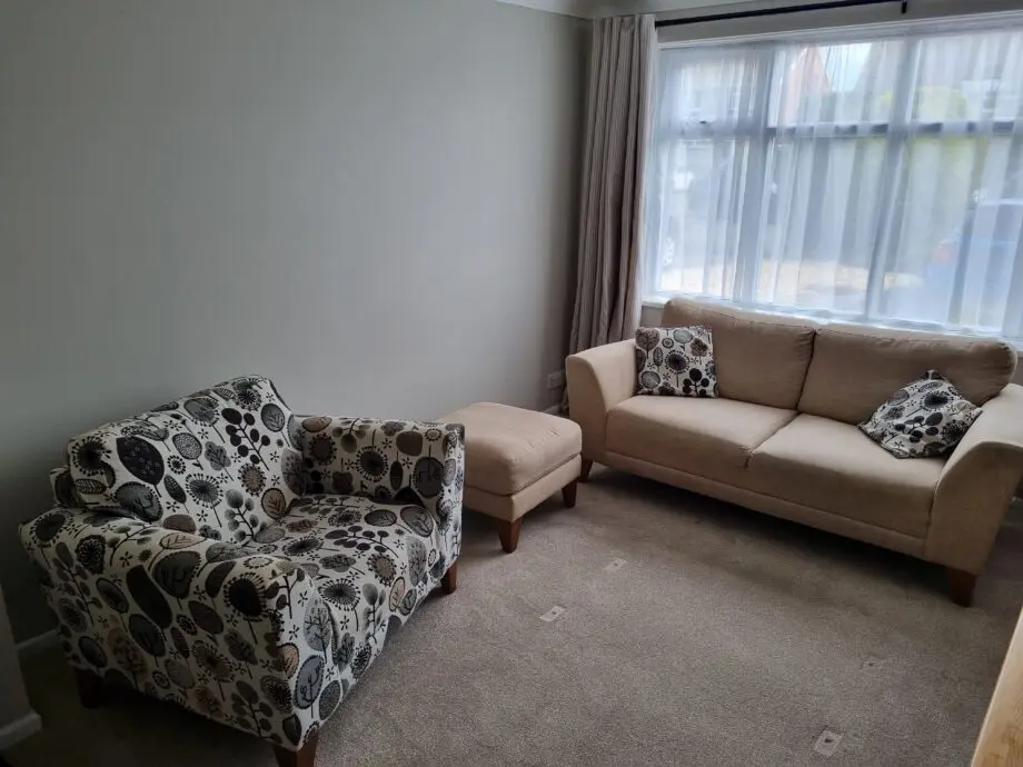 Harvey's sofa set - Beige 2 seater with cushions, beige large single seater and a beige footstool