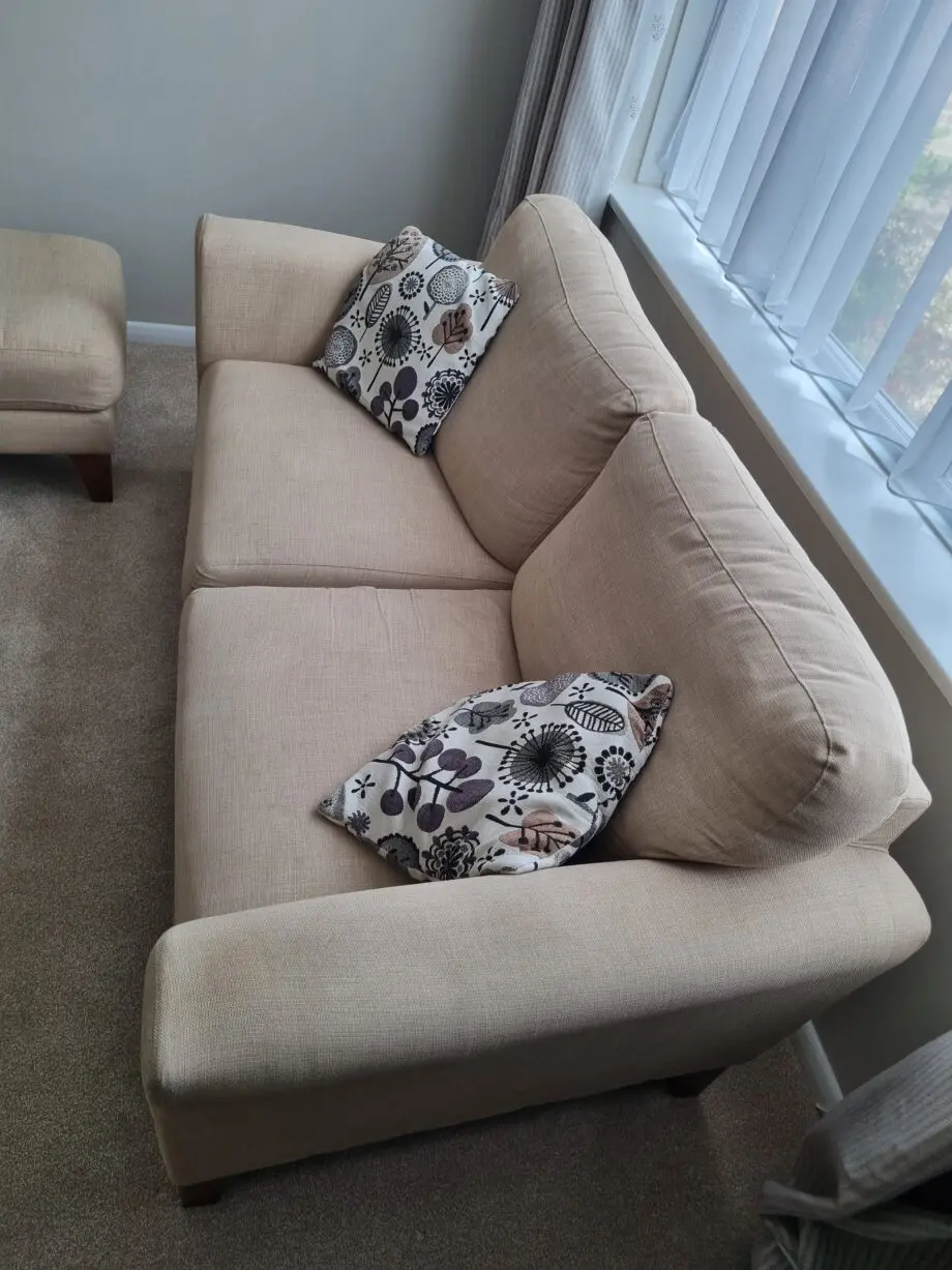 Harvey's sofa set - Beige 2 seater with cushions, beige large single seater and a beige footstool