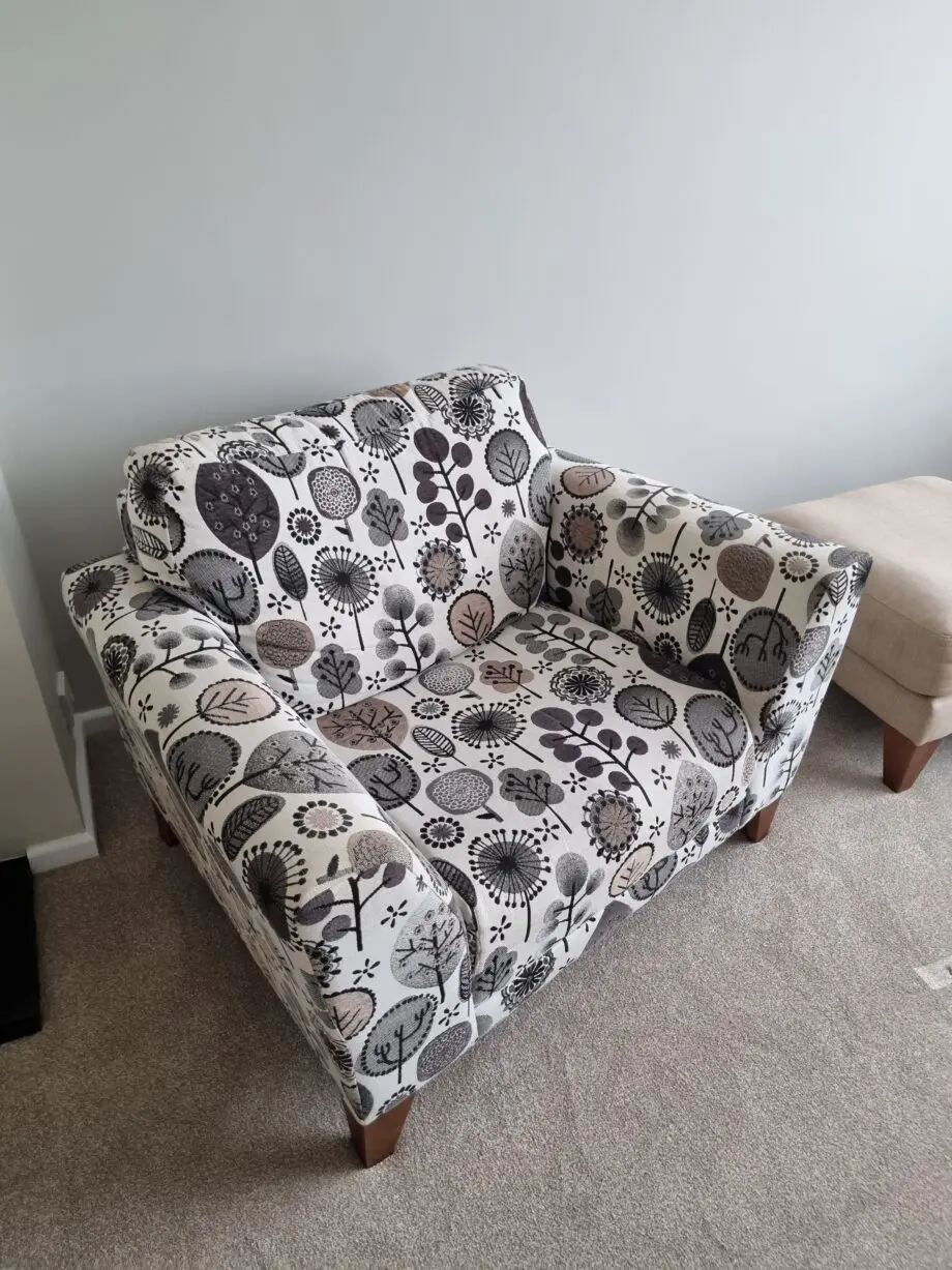 Harvey's sofa set - Beige 2 seater with cushions, beige large single seater and a beige footstool