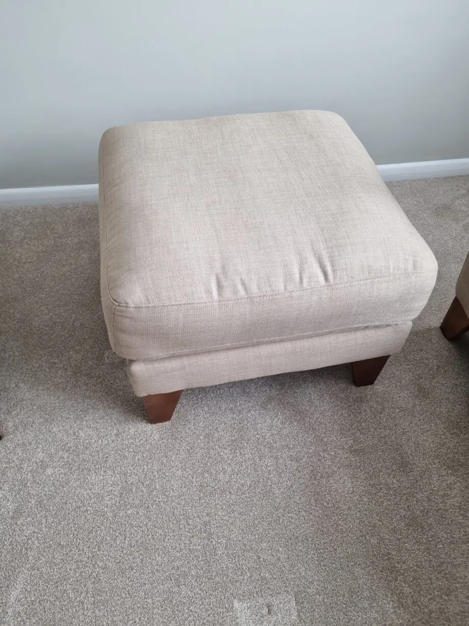 Harvey's sofa set - Beige 2 seater with cushions, beige large single seater and a beige footstool