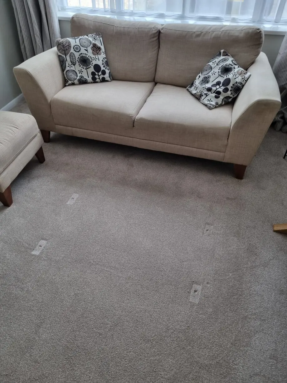 Harvey's sofa set - Beige 2 seater with cushions, beige large single seater and a beige footstool