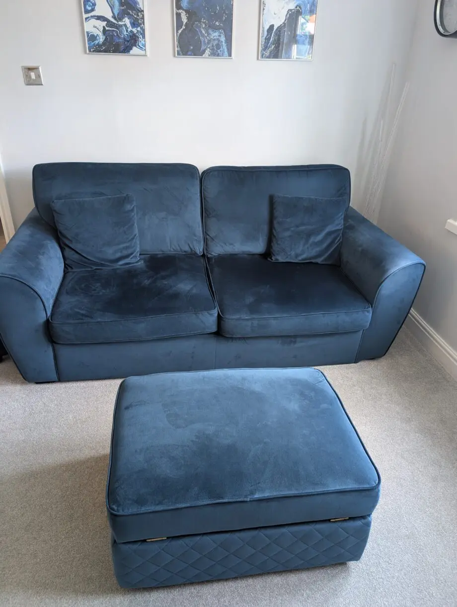 DFS Blue Sofa Cuddle Chair and Footstool