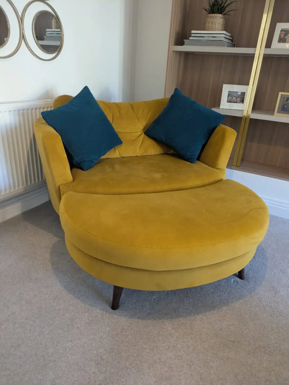 Stunning Velvet Love Seat with matching footstool by Lucas Furniture