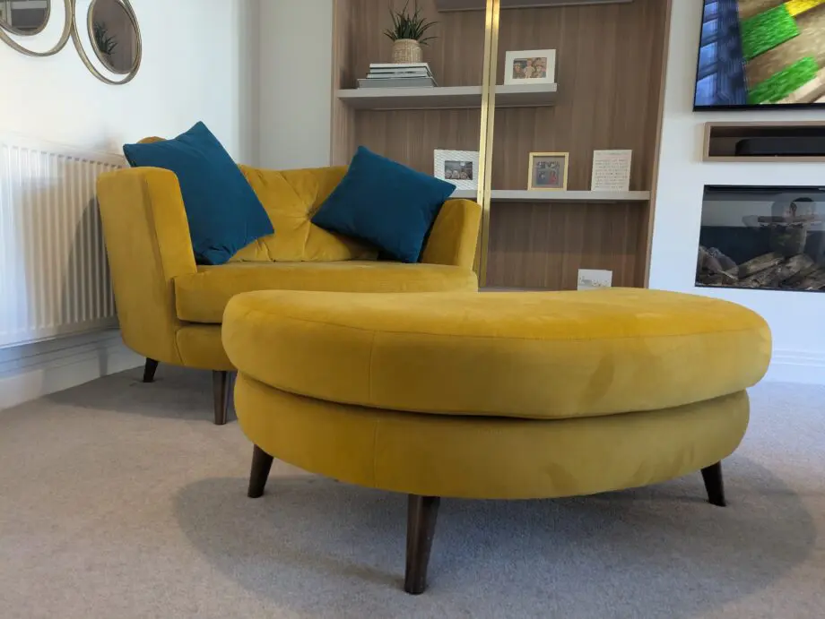 Stunning Velvet Love Seat with matching footstool by Lucas Furniture
