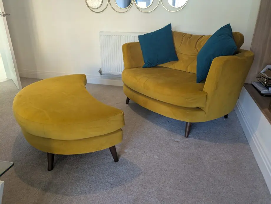 Stunning Velvet Love Seat with matching footstool by Lucas Furniture