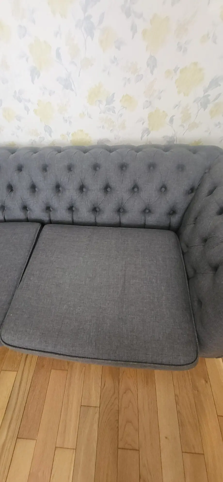 Grey fabric Chesterfield style sofas