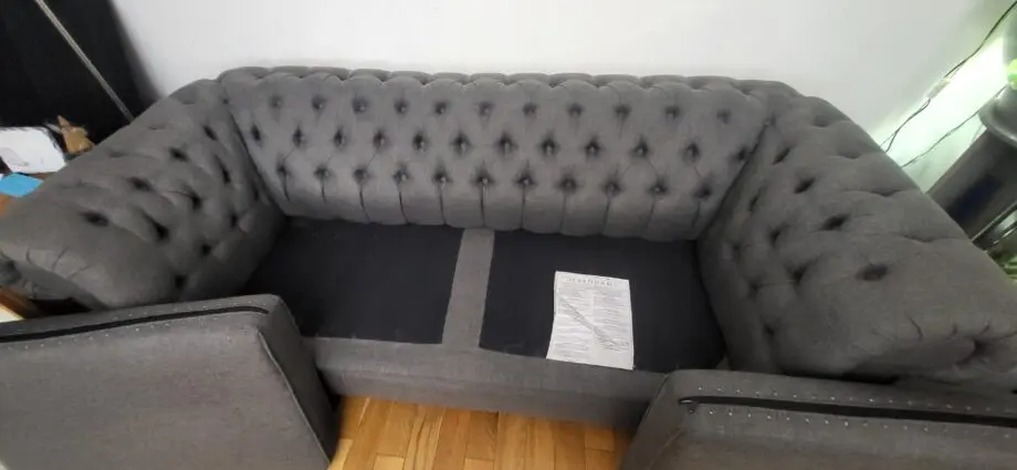 Grey fabric Chesterfield style sofas