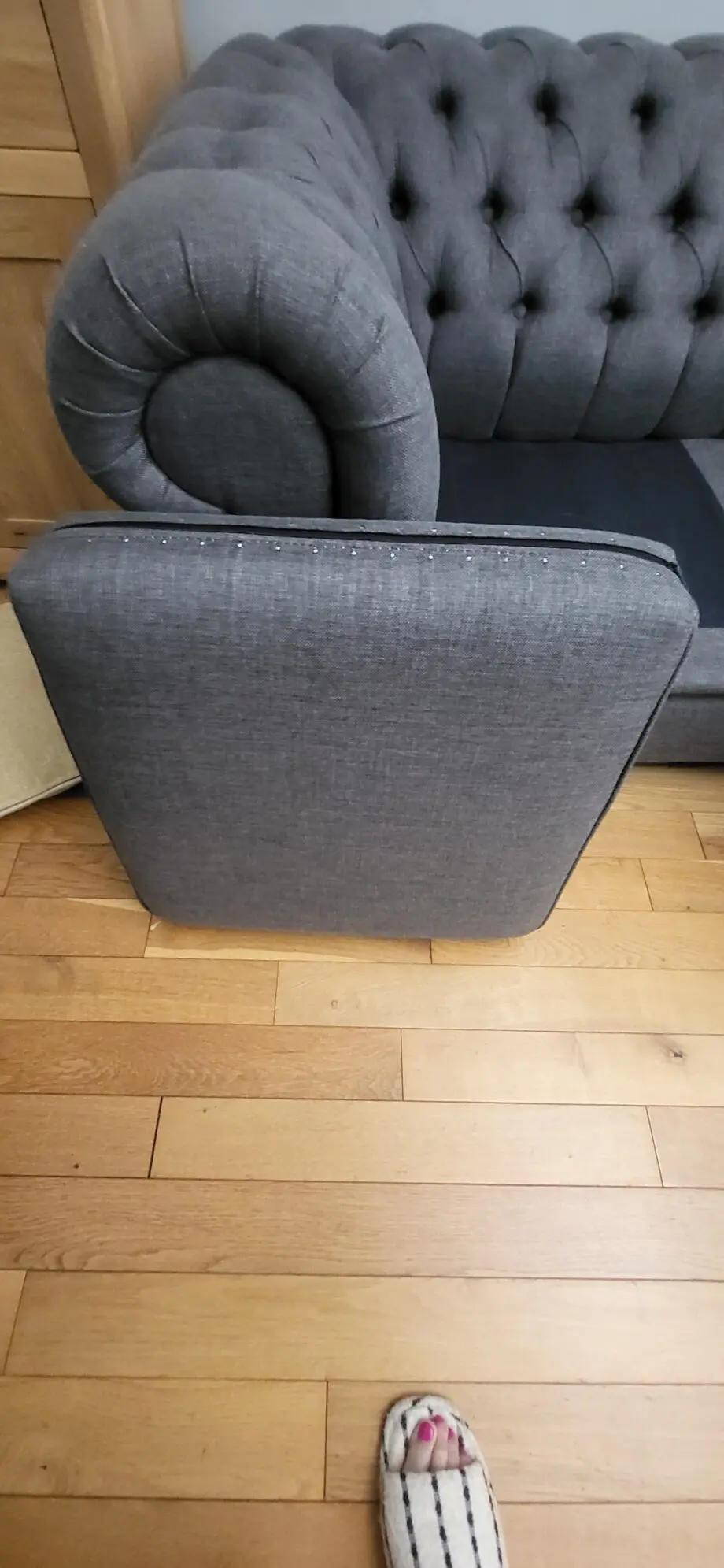 Grey fabric Chesterfield style sofas