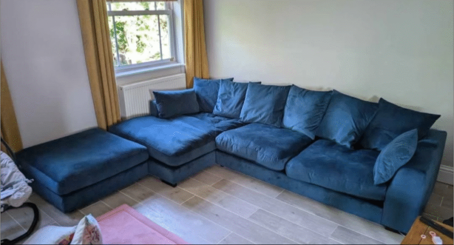 DFS Plush Velvet Dark Blue Pillow Back Left Hand Facing Chaise End Sofa