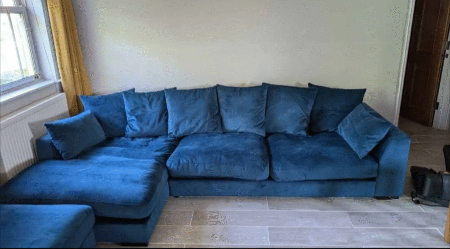 DFS Plush Velvet Dark Blue Pillow Back Left Hand Facing Chaise End Sofa