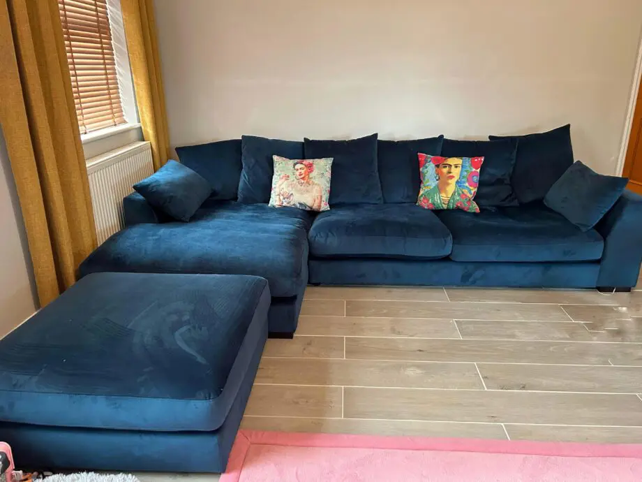 DFS Plush Velvet Dark Blue Pillow Back Left Hand Facing Chaise End Sofa