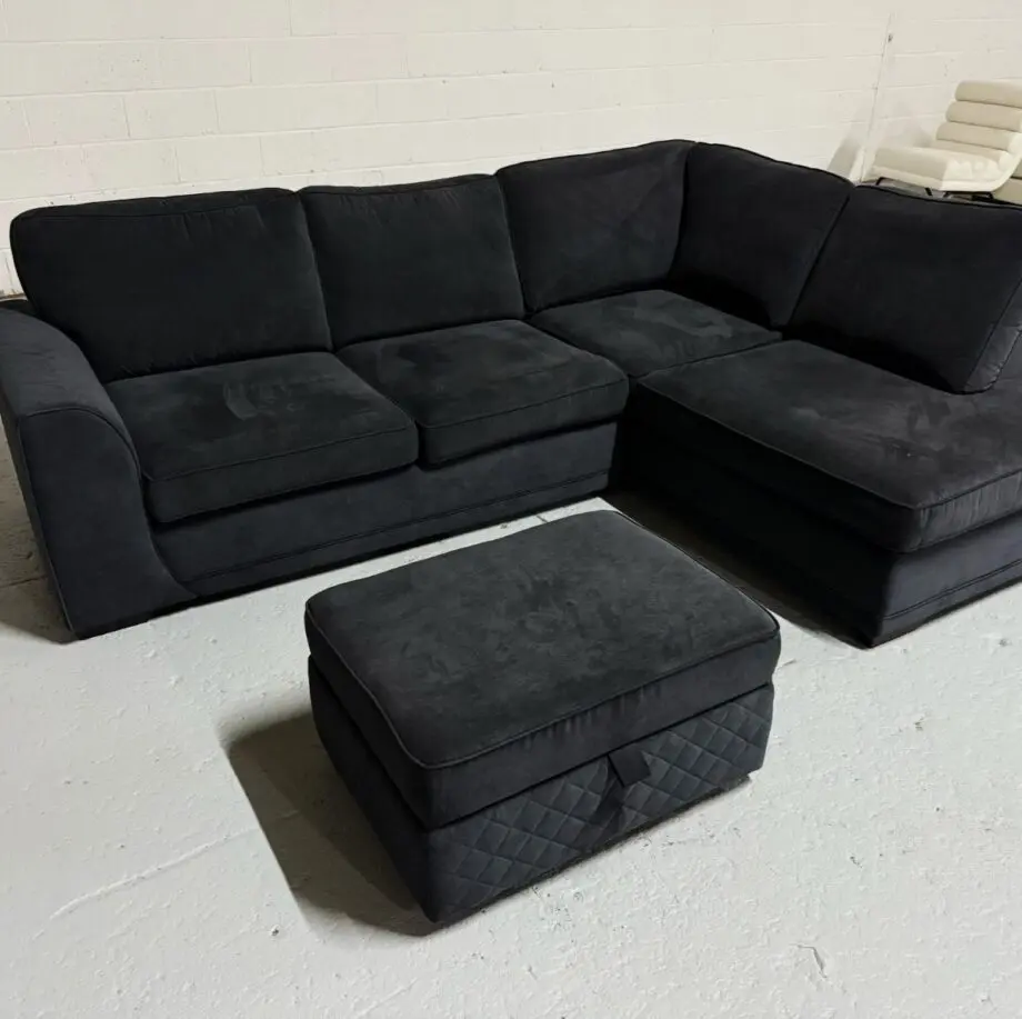 Argos Corner Sofa + Footstool - Black Velvet & High Back Cushion