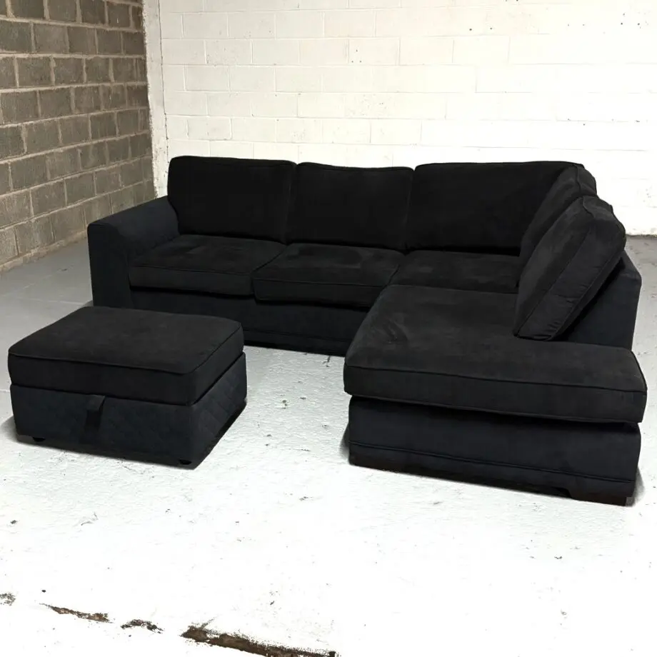 Argos Corner Sofa + Footstool - Black Velvet & High Back Cushion