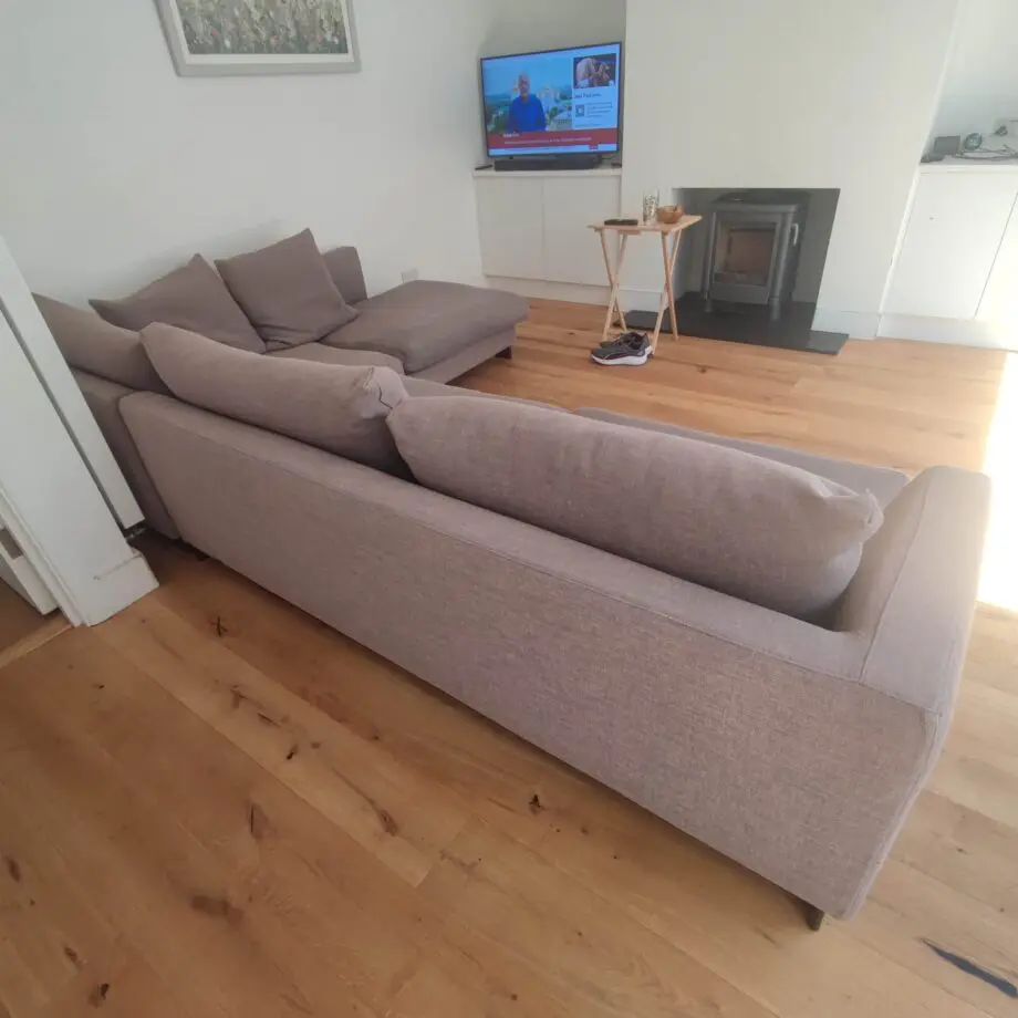 Quality large L shaped "Camerich" sofa - fabric in grey (some sun lightening note)