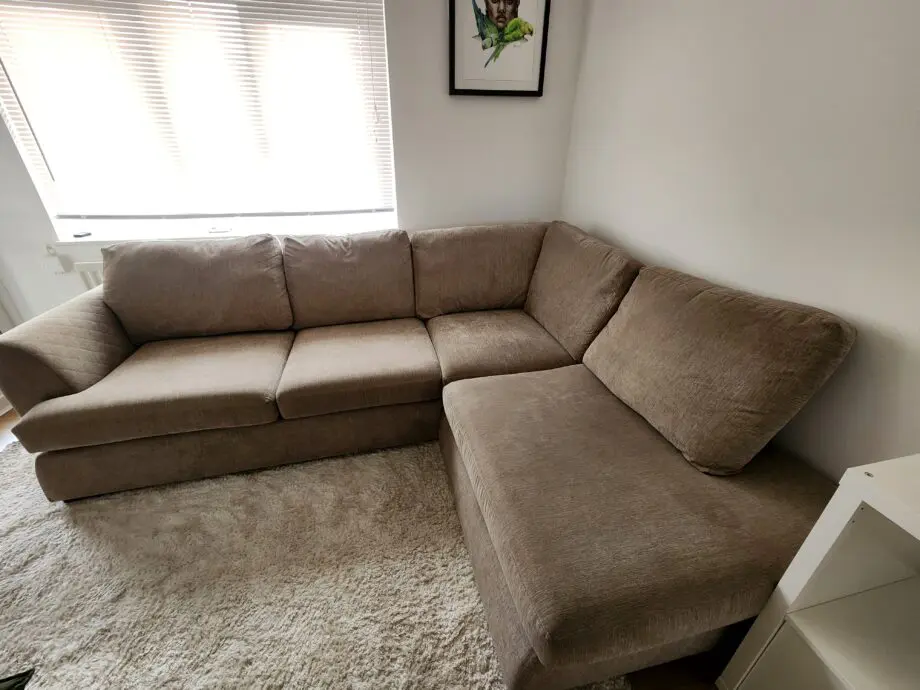 Beige fabric left hand corner sofa