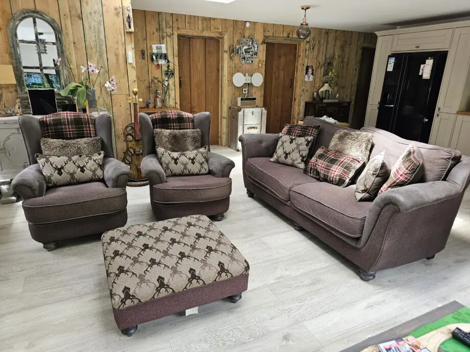 Oak Furnitureland brown checked sofa, armchairs and footstool