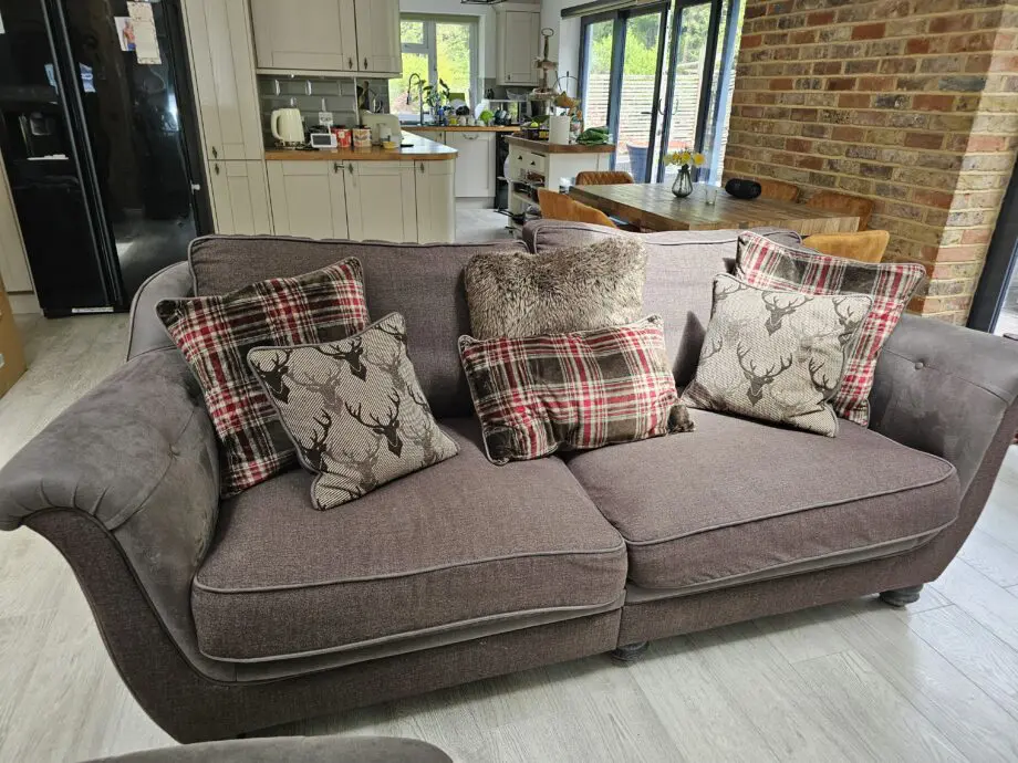 Oak Furnitureland brown checked sofa, armchairs and footstool