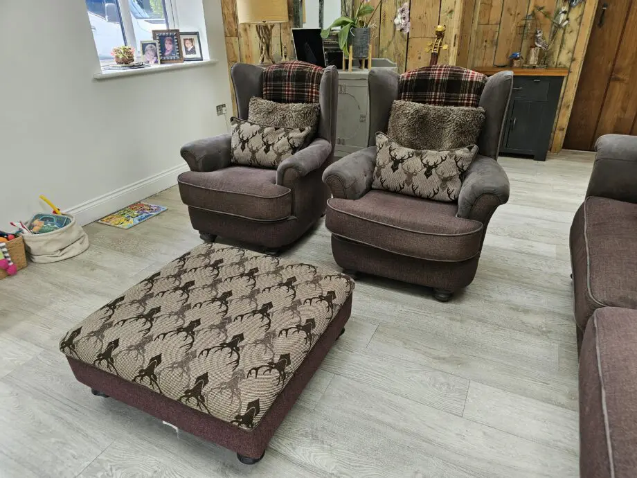 Oak Furnitureland brown checked sofa, armchairs and footstool