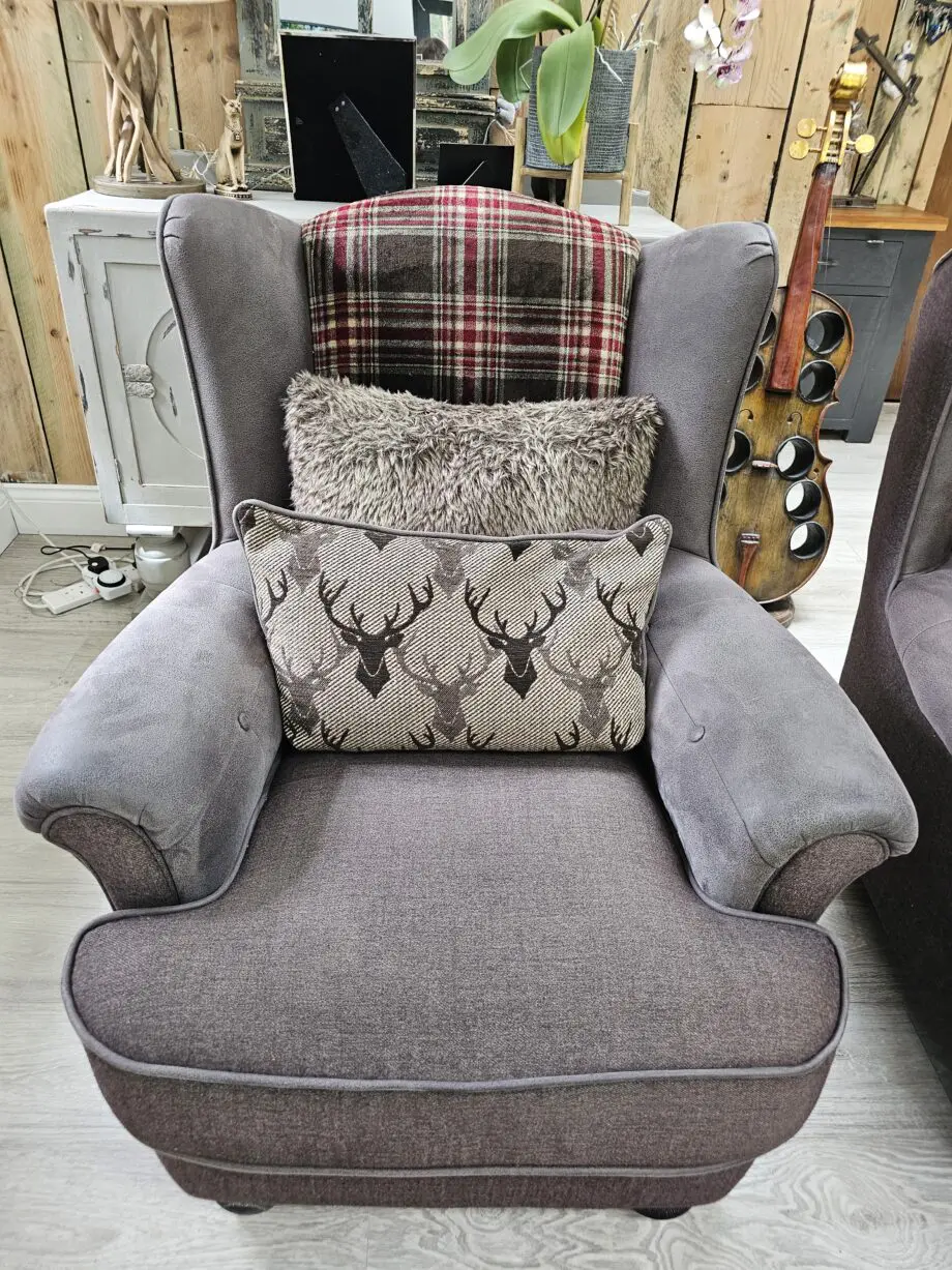 Oak Furnitureland brown checked sofa, armchairs and footstool
