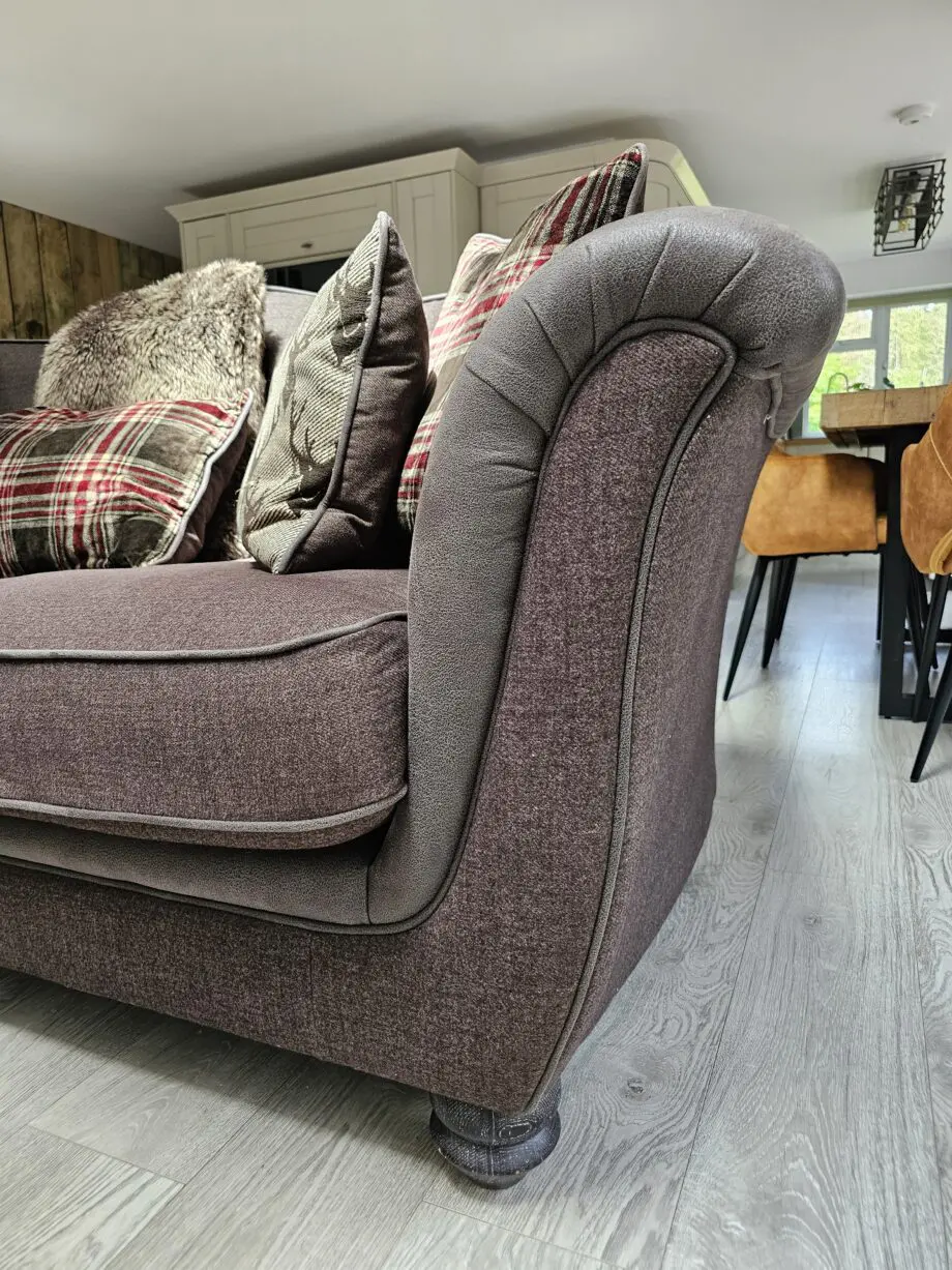 Oak Furnitureland brown checked sofa, armchairs and footstool